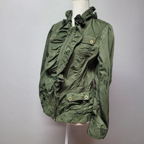 White House Black Market Ruffle Jacket Zip Pocket Green Womens Small Lightweight - Picture 3 of 11